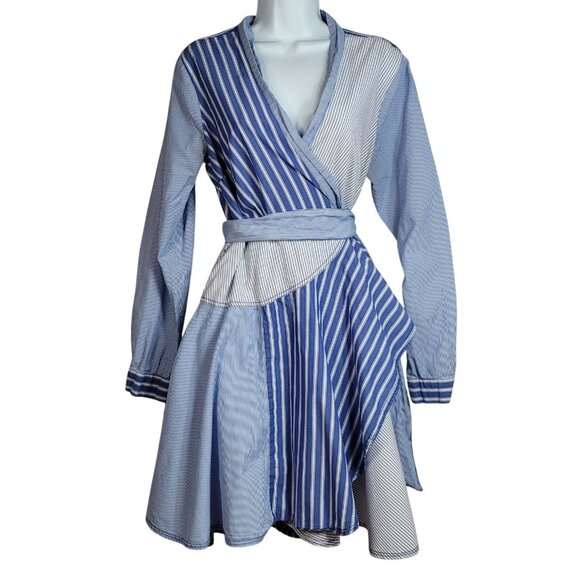 Maeve Newport Wrap Shirt Dress Blue White Size 14 Striped Long Sleeve Mini READ - Picture 1 of 10